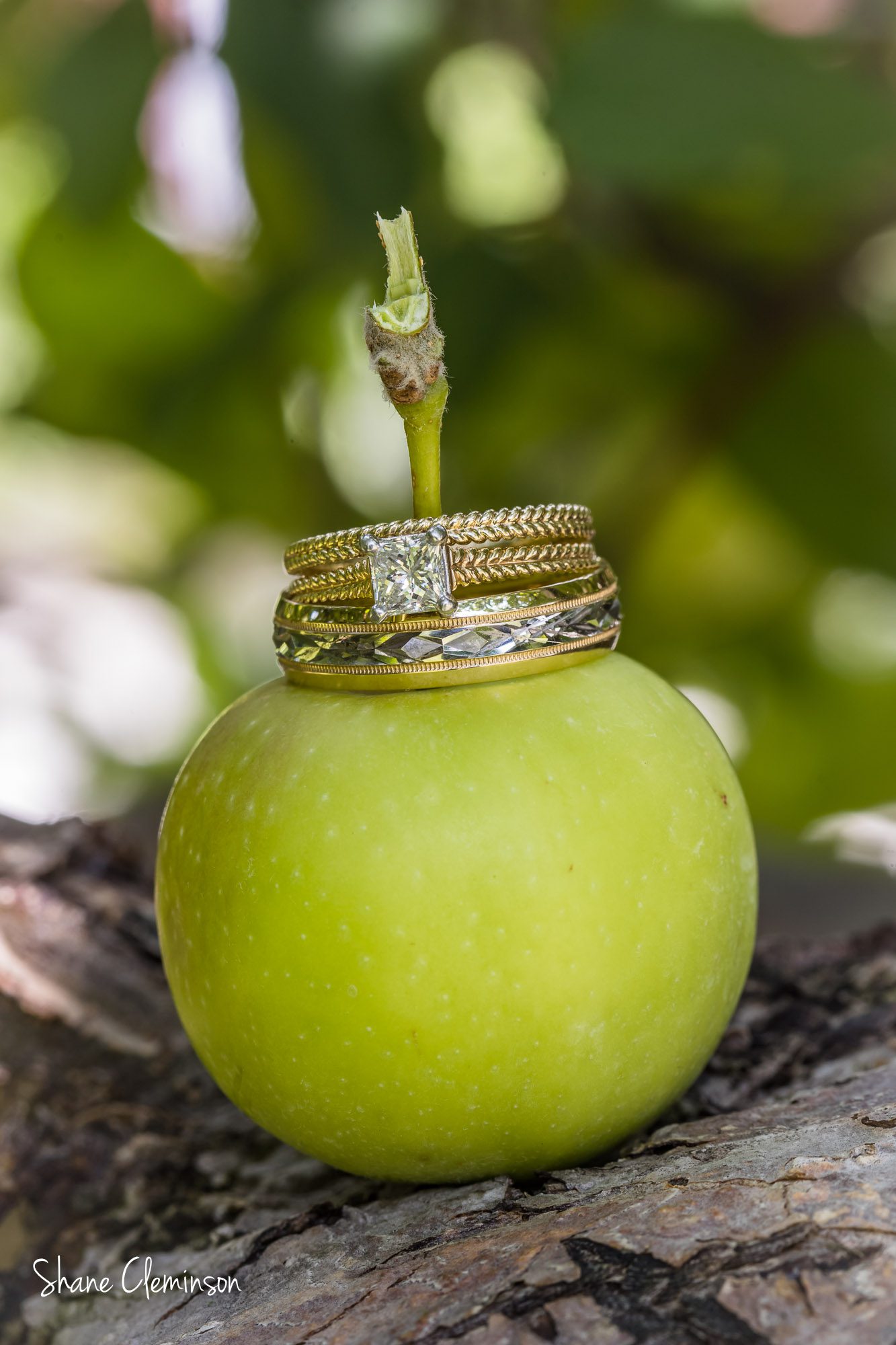 Macro wedding rings on an apple